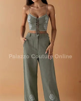 Boho Bloom Embroidered Pant Set- Olive front view showing complete two piece pant set