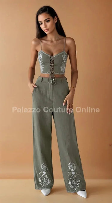 Boho Bloom Embroidered Pant Set- Olive front view showing complete two piece pant set