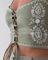 Boho Bloom Embroidered Pant Set- Olive side view showing pants silhouette and fit