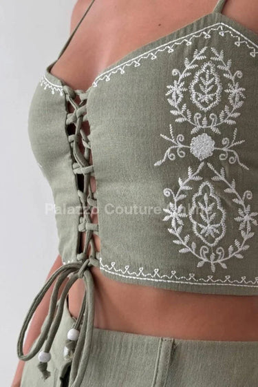 Boho Bloom Embroidered Pant Set- Olive side view showing pants silhouette and fit