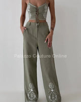 Boho Bloom Embroidered Pant Set- Olive close up of matching top design and fabric detail