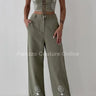 Boho Bloom Embroidered Pant Set- Olive close up of matching top design and fabric detail