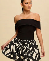 Bold Charm Off-Shoulder Mini Bubble Dress front view showing mini dress silhouette