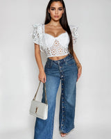 Bold Detail Button - Up Wide Leg Jeans - Palazzo Couture Online