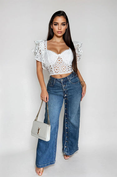 Bold Detail Button - Up Wide Leg Jeans - Palazzo Couture Online