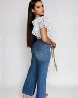 Bold Detail Button - Up Wide Leg Jeans - Palazzo Couture Online