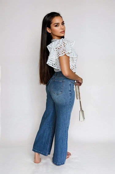 Bold Detail Button - Up Wide Leg Jeans - Palazzo Couture Online