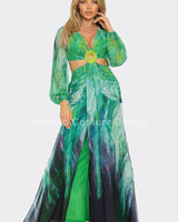 Bora Bora Chiffon Print Cut Out Maxi Dress (Green) - Palazzo Couture Online