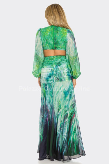 Bora Bora Chiffon Print Cut Out Maxi Dress (Green) - Palazzo Couture Online