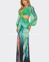 Bora Bora Chiffon Print Cut Out Maxi Dress (Green) - Palazzo Couture Online