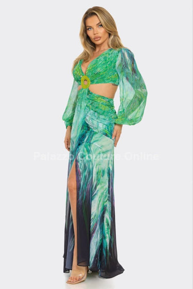 Bora Bora Chiffon Print Cut Out Maxi Dress (Green) - Palazzo Couture Online