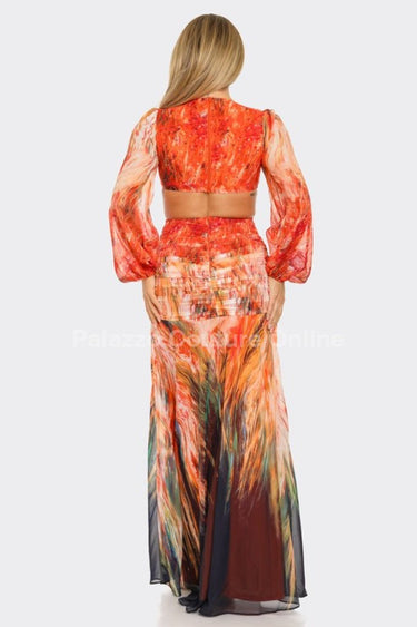 Bora Bora Chiffon Print Cut Out Maxi Dress (Orange) - Palazzo Couture Online
