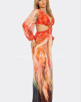 Bora Bora Chiffon Print Cut Out Maxi Dress (Orange) close up detail of chiffon design and fabric
