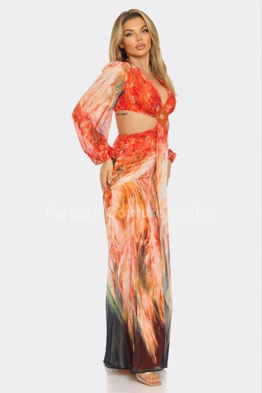 Bora Bora Chiffon Print Cut Out Maxi Dress (Orange) close up detail of chiffon design and fabric