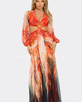 Bora Bora Chiffon Print Cut Out Maxi Dress (Orange) front view showing full-length maxi silhouette