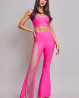 Boreal Crystal Mesh Detail Pants Set (Hot Pink) - Palazzo Couture Online