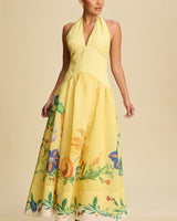 Botanical Bloom Halter Maxi Dress - Yellow - Palazzo Couture Online