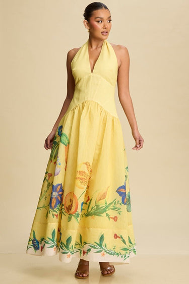 Botanical Bloom Halter Maxi Dress - Yellow - Palazzo Couture Online