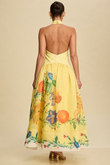 Botanical Bloom Halter Maxi Dress - Yellow - Palazzo Couture Online