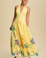 Botanical Bloom Halter Maxi Dress - Yellow - Palazzo Couture Online