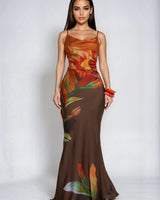 Botanical Flame Satin Maxi Dress - Brown - Palazzo Couture Online