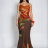 Botanical Flame Satin Maxi Dress - Brown - Palazzo Couture Online