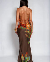 Botanical Flame Satin Maxi Dress - Brown - Palazzo Couture Online