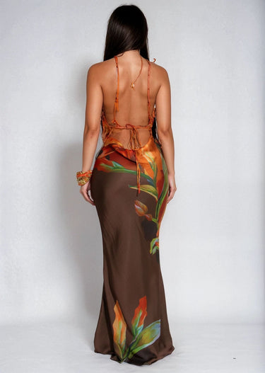 Botanical Flame Satin Maxi Dress - Brown - Palazzo Couture Online