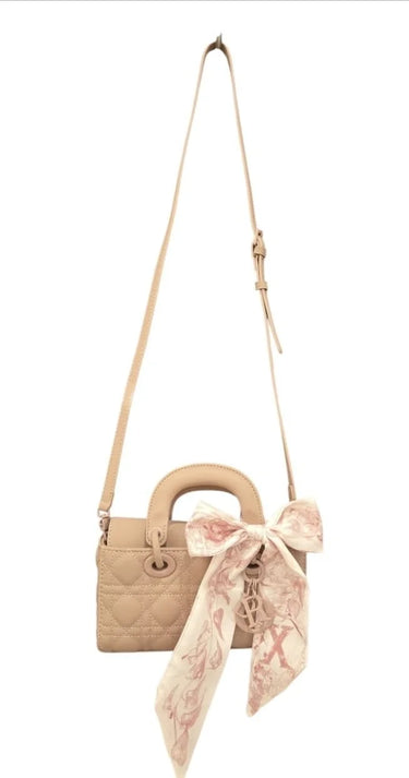 Bow Charm Quilted Mini Tote Bag with Detachable Scarf Accent - stylish purse for going out