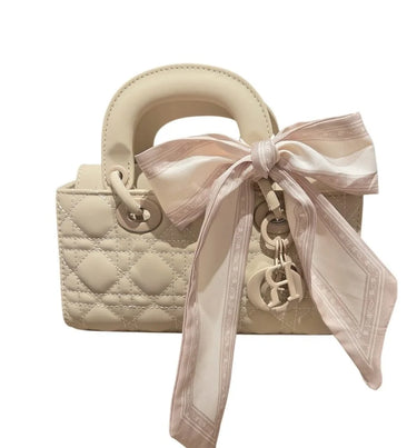 Bow Charm Quilted Mini Tote Bag with Detachable Scarf Accent - stylish purse for going out