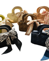 Bow Charm Quilted Mini Tote Bag with Detachable Scarf Accent - elegant women's bag