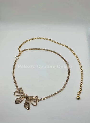 Bow Rhinestone Chain Belt (Gold) - women's statement waist belt accessory