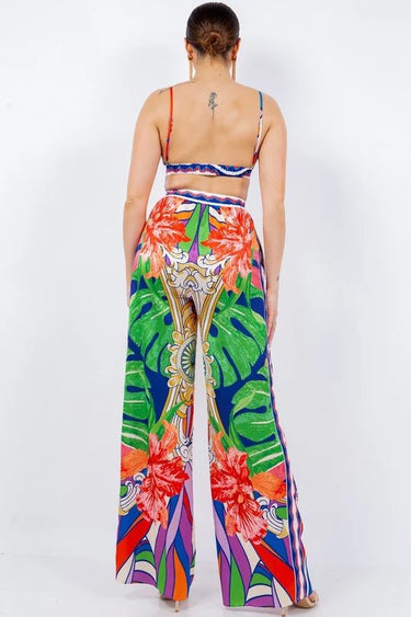 Bra top and Wide leg pants set (Multi) showing coordinated top and pants construction
