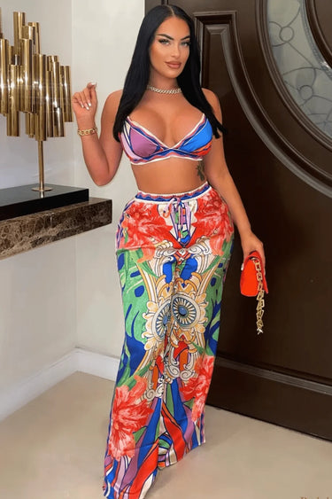 Bra top and Wide leg pants set (Multi) front view showing complete two piece pant set
