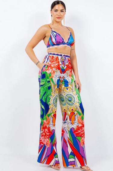 Bra top and Wide leg pants set (Multi) side view showing pants silhouette and fit