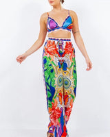 Bra top and Wide leg pants set (Multi) close up of wide leg top design and fabric detail