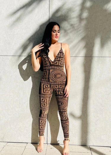 Bronze Royalty Bronze Jumpsuit with Sheer Velvet Detail - trendy women's jumpsuit