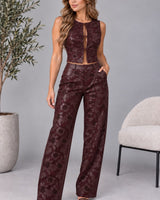 Laser Cut Faux Leather Vest and Wide-Leg Pants Set - Burgundy