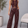 Laser Cut Faux Leather Vest and Wide-Leg Pants Set - Burgundy