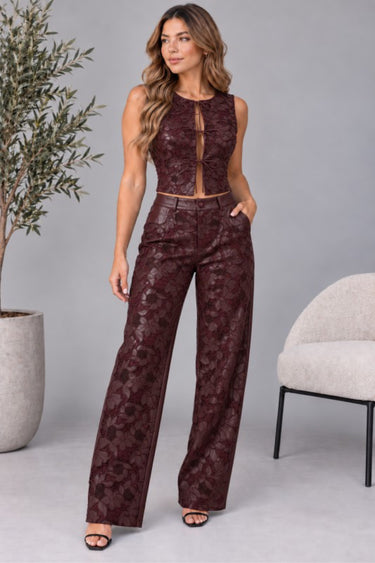 Laser Cut Faux Leather Vest and Wide-Leg Pants Set - Burgundy - Front