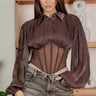 Pleated satin corset blouse in Brown