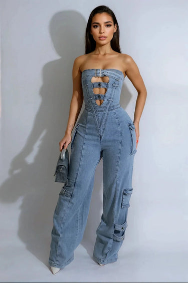 Buckle Up Strapless Jumpsuit - trendy women's jumpsuit