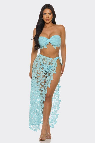 Butterfly Romance 2 Piece Lace Maxi Skirt Set - Baby Blue - Palazzo Couture Online