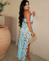 Butterfly Romance 2 Piece Lace Maxi Skirt Set - Baby Blue - Palazzo Couture Online