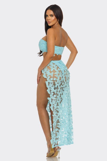 Butterfly Romance 2 Piece Lace Maxi Skirt Set - Baby Blue - Palazzo Couture Online