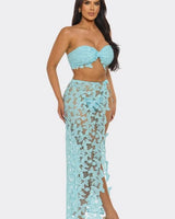 Butterfly Romance 2 Piece Lace Maxi Skirt Set - Baby Blue - chic beach wear by Palazzo Couture