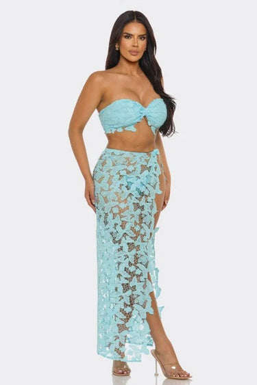 Butterfly Romance 2 Piece Lace Maxi Skirt Set - Baby Blue - chic beach wear by Palazzo Couture