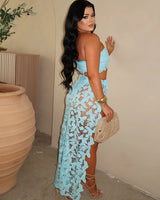 Butterfly Romance 2 Piece Lace Maxi Skirt Set - Baby Blue - stylish beach and pool outfit