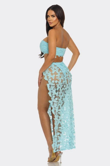 Butterfly Romance 2 Piece Lace Maxi Skirt Set - Baby Blue - women's swimsuit cover up