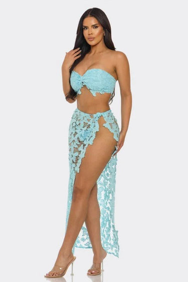 Butterfly Romance 2 Piece Lace Maxi Skirt Set - Baby Blue - vacation cover up for women